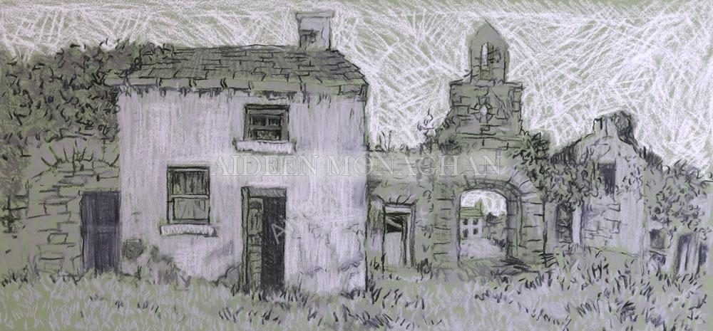 Deserted Farmhouse, charcoal and Chalk on Paper, 70 x 33cm.